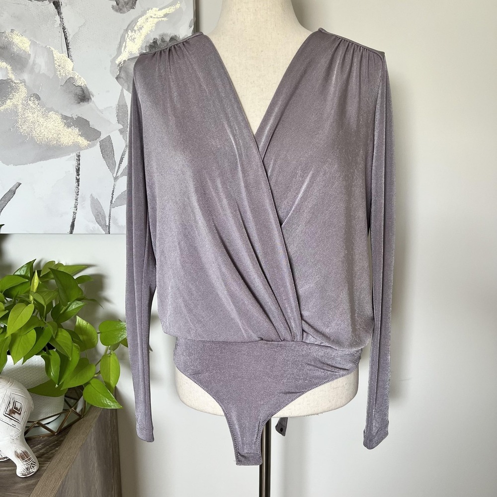 Free People Bodysuit Top Womens Small Purple Surplice Wrap Long Sleeve Shimmer